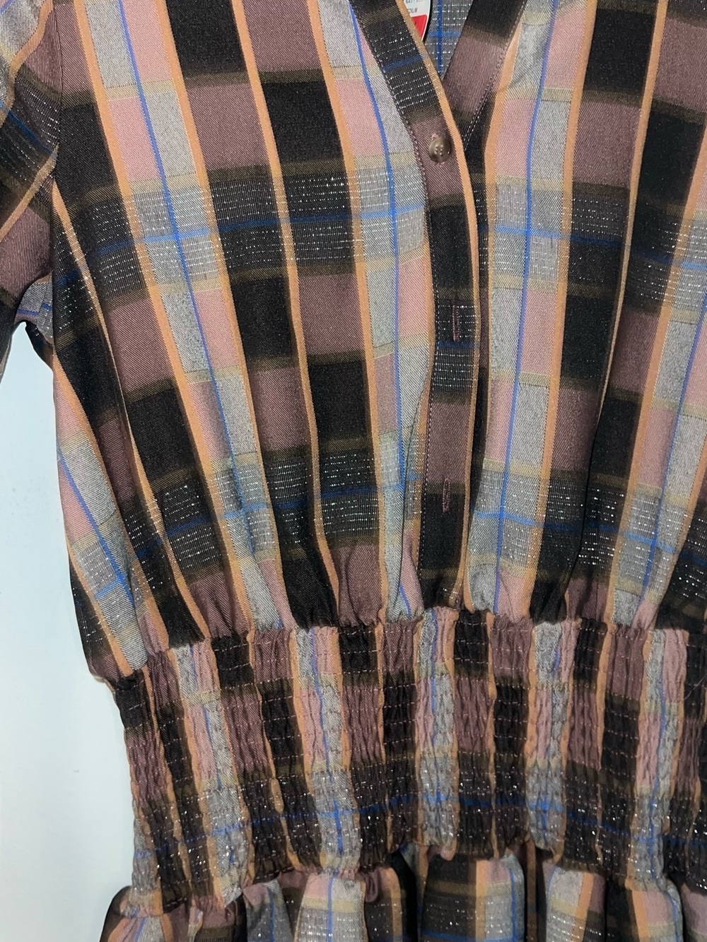 Plaid Button-Front Dress Top — Black, Brown & Blue - Picture 3 of 4